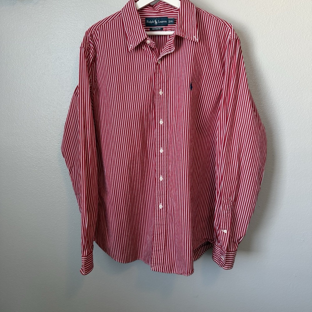 Ralph Lauren Men's Button-Down Striped Red White Dress Shirt XL Long Sleeve